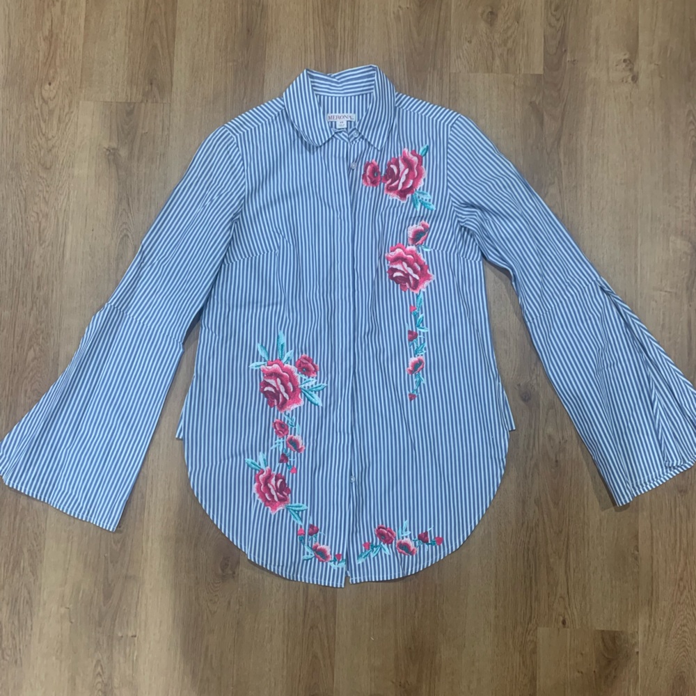 Embroidered striped button down